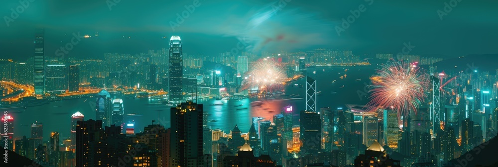 Panoramic Cityscape with Fireworks Illuminating Sky Panoramic Cityscape with Fireworks Illuminating Sky
