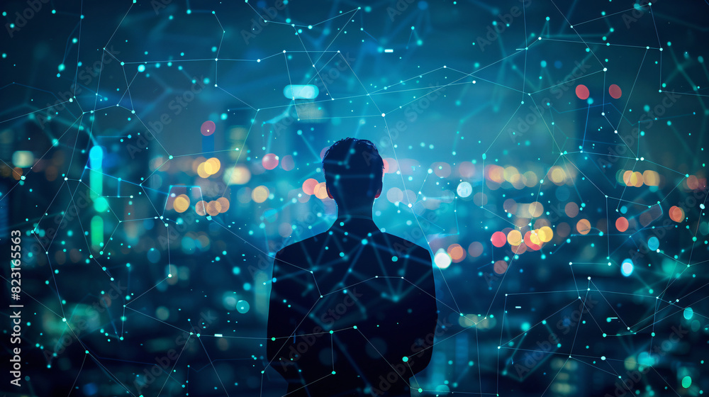 Smart city background with a businessman interacting with virtual network connections Smart city background with a businessman interacting with virtual network connections