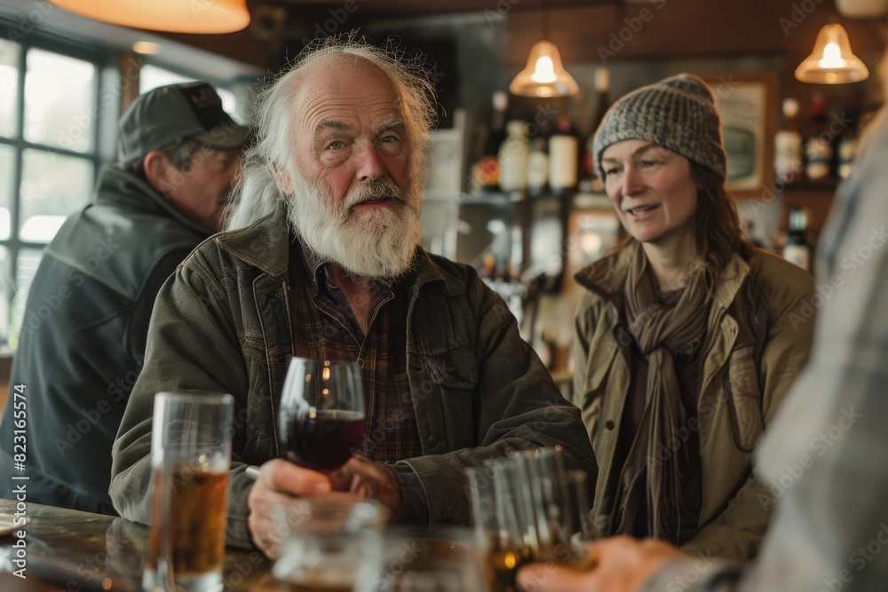 Senior man and woman drinking red wine in a pub with friends. Senior man and woman drinking red wine in a pub with friends.