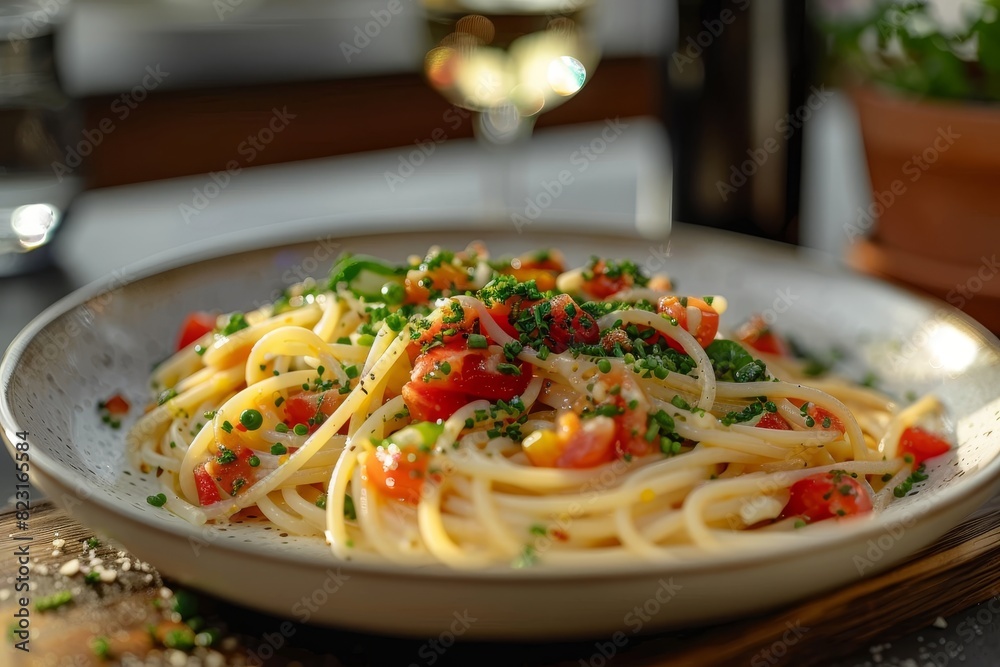 Pasta Primavera: Pasta with a variety of fresh vegetables, lightly tossed in a garlic and olive oil sauce. 