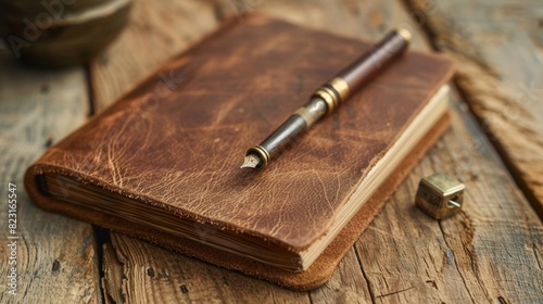 A close-up view of a worn leather notebook with a blank page open, a vintage pen resting beside it.