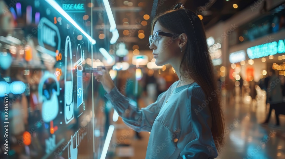 Female customer using 3D Augmented Reality Digital Interface in Modern Shopping Center. Shopper is choosing Fashionable Bags, Stylish Garments in Clothing Store. Innovation VFX Concept. Female customer using 3D Augmented Reality Digital Interface in Modern Shopping Center. Shopper is choosing Fashionable Bags, Stylish Garments in Clothing Store. Innovation VFX Concept.