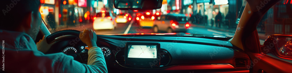 Driving Car Through Bustling City Night Traffic