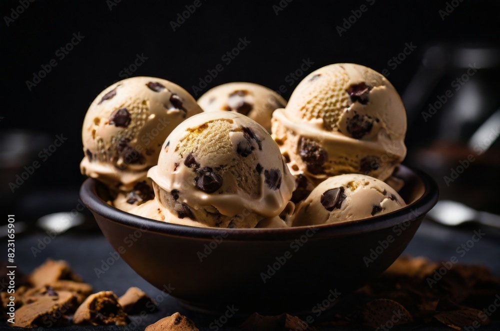 Chocolate chip Ice cream scoops in ceramic bow, professional food photography, fruit flavored, cinematic, dessert Chocolate chip Ice cream scoops in ceramic bow, professional food photography, fruit flavored, cinematic, dessert