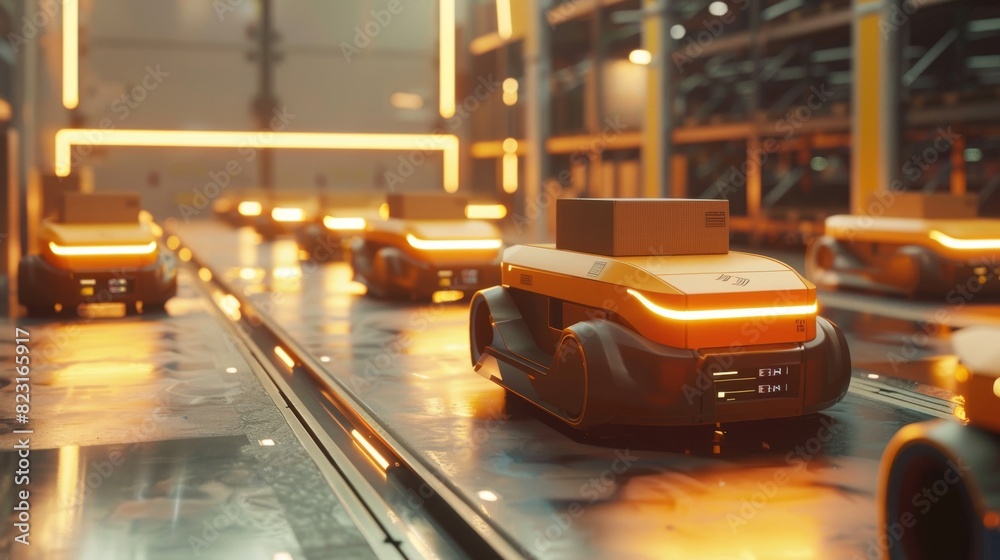© Антон Сальников - Using AGV Robots to transport cardboard boxes in a distribution logistics center is a future technology 3D concept. The future technology will be developed using automated guided vehicles to deliver