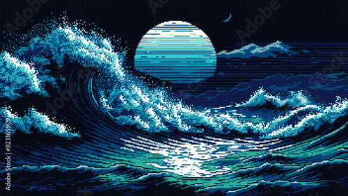 8 bit pixel art big sea waves and moon landscape. Ai generated game scene background, captures power of turbulent sea. Striking pixelated seascape view with twilight and raging waves at night