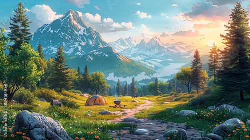 Summer Time, Spring Camp Activities with Pastel Tones: An illustration of various camp activities like hiking and BBQs, all set in a pastel-toned spring landscape. Illustration image, photo