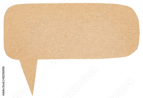 Blank cut out light brown cardboard paper speech bubble of elliptical shape with copy space for text, transparent png background design element
 photo