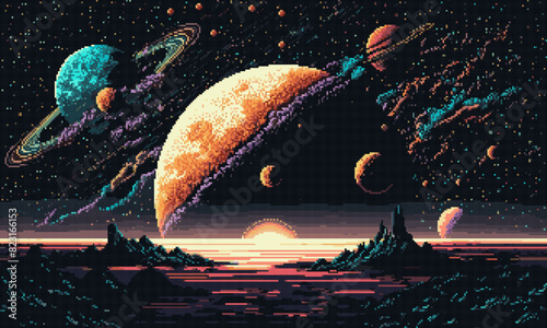 Generative ai. Galaxy space planets landscape and starry universe. Ai generated 8 bit pixel art game scene with vibrant pixelated spheres and undulating terrain in the cosmic retro-futuristic backdrop