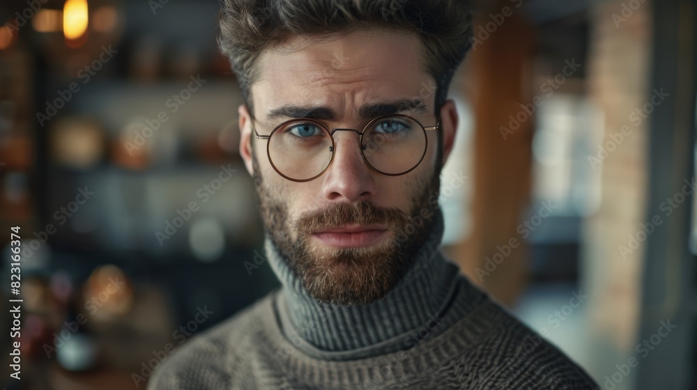 An Indoor Portrait of a Happy Handsome Smart Male. Confident Successful Man Wearing a Turtleneck and Glasses, Has a Bushy Beard and Short Curly Hair. An Indoor Portrait of a Happy Handsome Smart Male. Confident Successful Man Wearing a Turtleneck and Glasses, Has a Bushy Beard and Short Curly Hair.