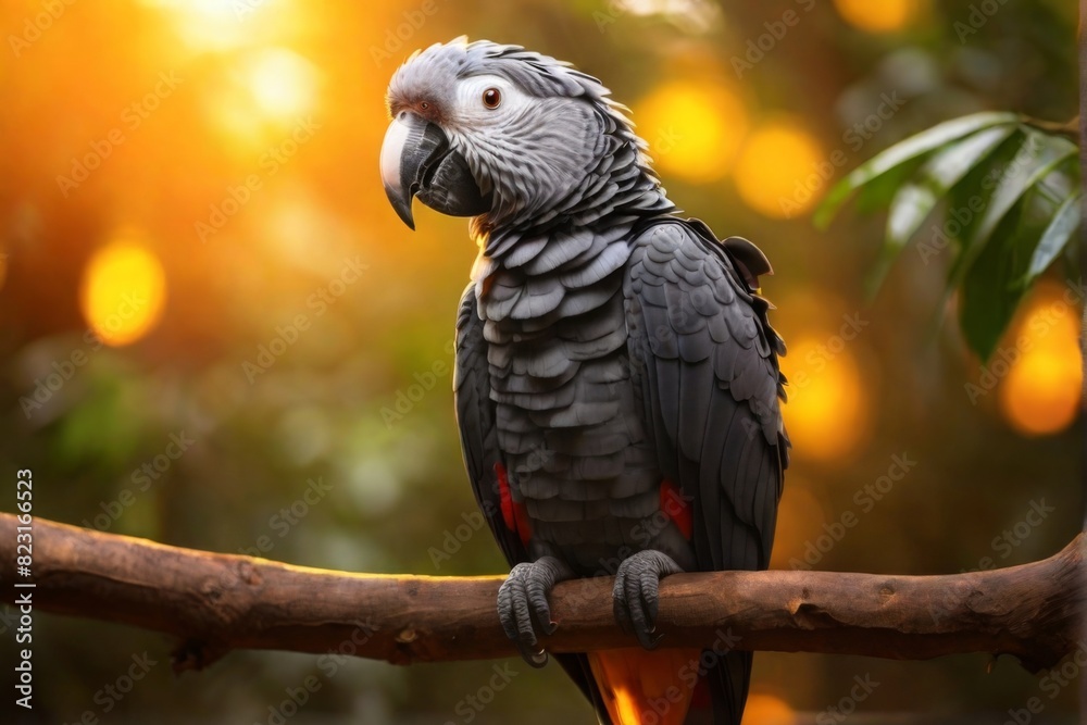 African Grey Parrot, Professional wild life photography, in forest, sunset bokeh blur background, animals & birds, cinematic, wallpaper African Grey Parrot, Professional wild life photography, in forest, sunset bokeh blur background, animals & birds, cinematic, wallpaper