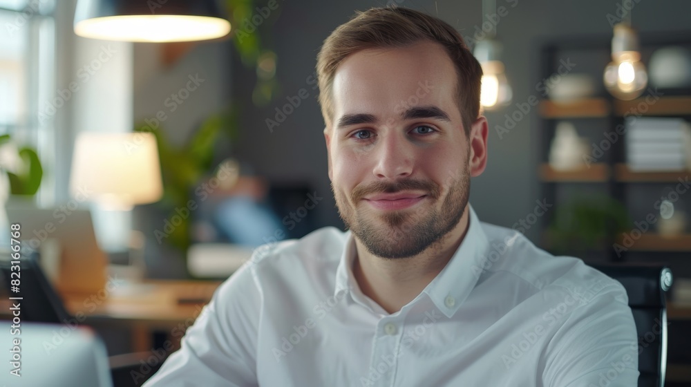 Fototapeta premium An attractive businessman sits at his desk working on a computer. Illustration of a digital entrepreneur smiling with a blurred motion background.