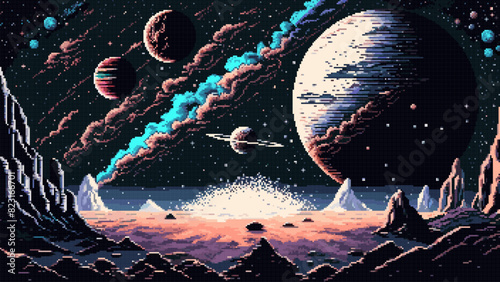 Generative ai solar system, milky way galaxy stars and planets landscape. 8Bit pixel art game scene. Retro-inspired virtual world with pixelated nostalgic charm. Alien planet surface in far Universe