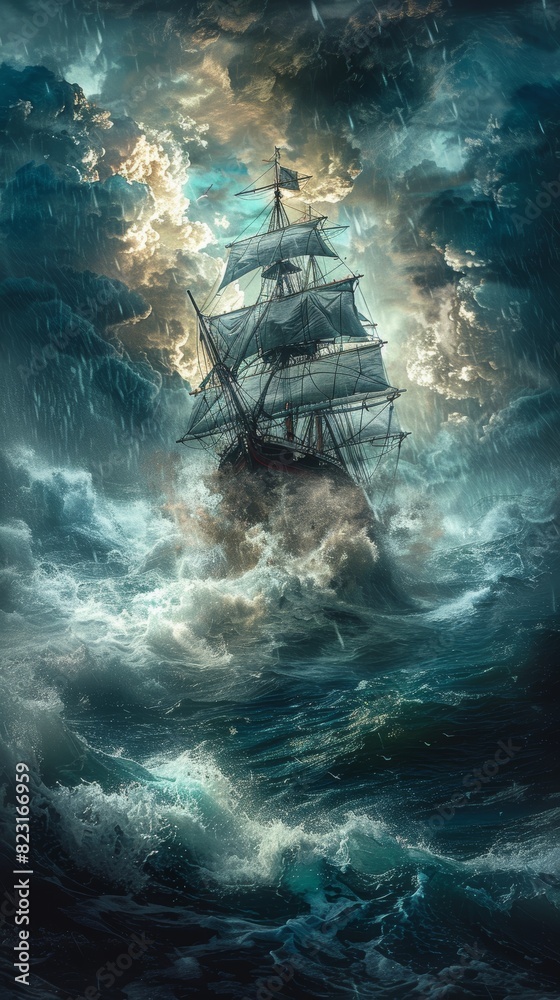 A majestic sailing ship navigates through a tumultuous stormy sea at ...