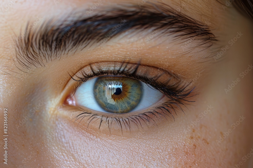 Fototapeta premium Close-up of hazel eye with defined lashes and natural brows.