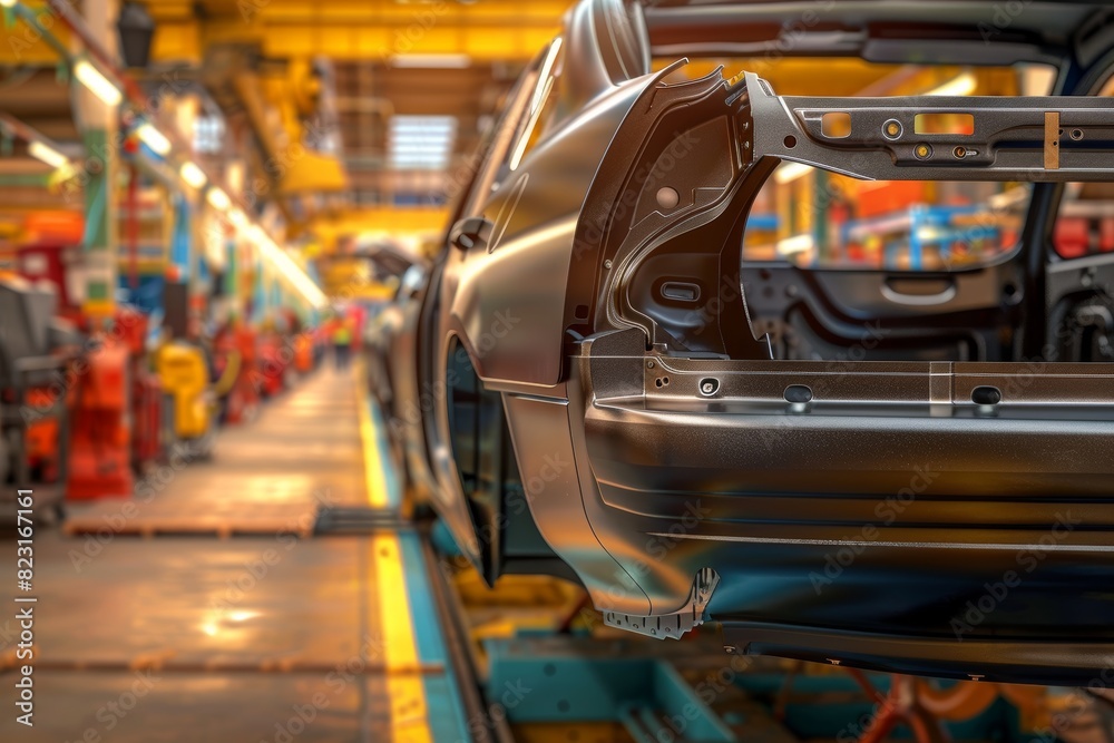 Close-up of a car chassis on an automotive production line in a modern factory, highlighting advanced manufacturing and industrial engineering processes. Close-up of a car chassis on an automotive production line in a modern factory, highlighting advanced manufacturing and industrial engineering processes.