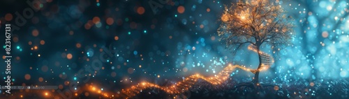 Beautiful abstract digital artwork featuring a glowing tree surrounded by magical lights and dark hues, capturing a fantasy landscape at night. photo
