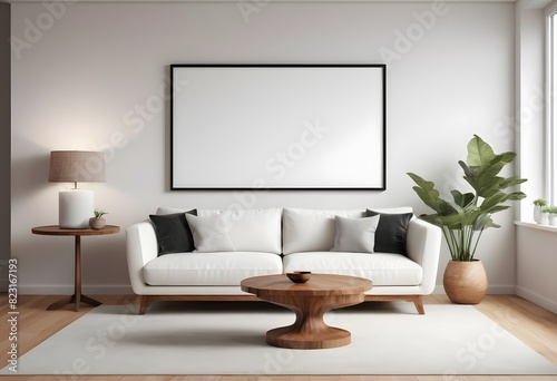 Frame mockup, ISO A paper size. Living room wall poster mockup. Living Room. Interior mockup with house background. Modern interior design. 3D render 