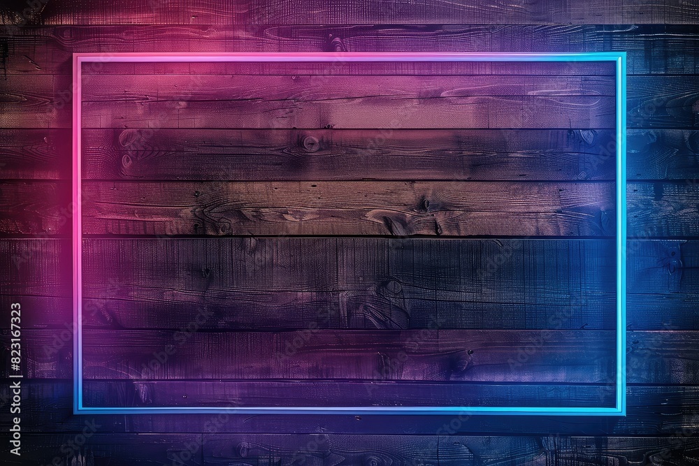 Rectangular glowing neon frame on a wooden background. Rectangular glowing neon frame on a wooden background.