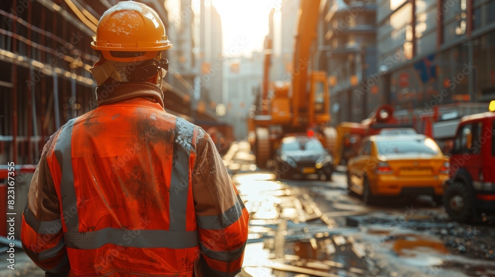 Construction worker in safety gear observing a busy urban construction site with machinery and vehicles in the background at sunset. Construction worker in safety gear observing a busy urban construction site with machinery and vehicles in the background at sunset.