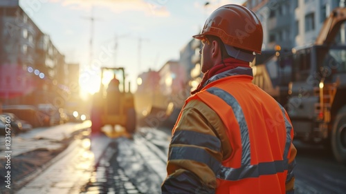 Wallpaper Mural Construction worker in safety gear observing road work at sunset in urban setting, heavy machinery in the background. Torontodigital.ca
