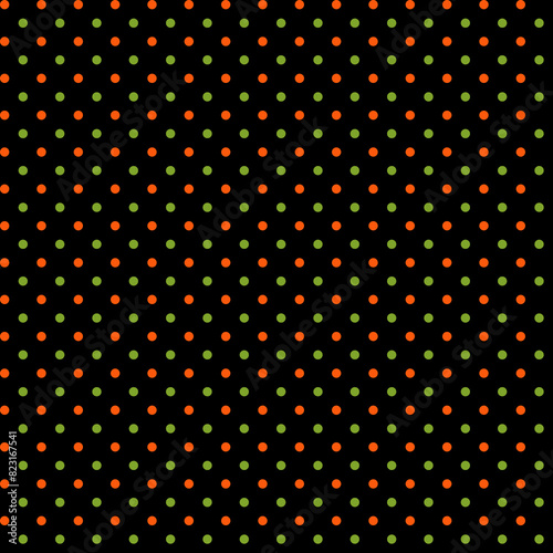 Simple abstract geometric seamless pattern Small bright green and orange polka dots on a black background