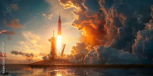 Rocket launching into space traveling to Mars with smoke blasting off. Concept Space Exploration, Rocket Launch, Mars Mission, Smoke Blasting, Outer Space Discovery photo