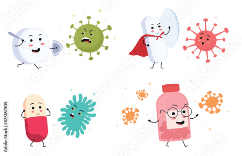 Obraz na płótnie Medical pill characters in cartoon style with faces. Children illustrations of curing diseases. Cute happy pill characters fight bacteria and viruses. Vector illustration w salonie