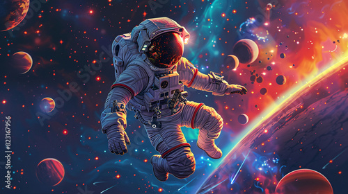 Fototapeta Naklejka Na Ścianę i Meble -  Attractive astronaut on a mission, with a glowing purple space background