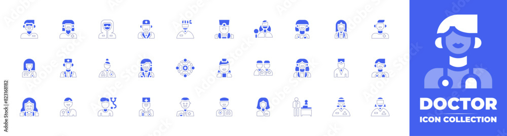 Doctor icon collection. Duotone style line stroke and bold. Vector illustration. Containing medicalteam, pediatrics, doctor, organization, man, surgeon, gynecologist, woman.