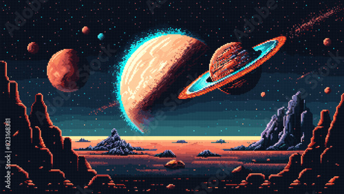 Generative ai alien galaxy space planet surface landscape and stars on sky. Ai generated 8 bit pixel art game scene, unfolds pixelated terrain in cosmic harmony, upon the extraterrestrial panorama