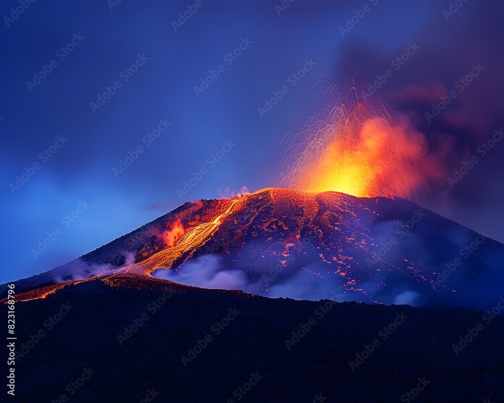 Fototapeta premium Dramatic Volcanic Eruption Lighting Up the Night Sky with Fiery Lava Glow