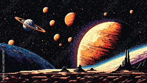 Generative ai galaxy stars and planets in solar system landscape. 8Bit pixel art game scene with starry sky immerse in retro-futuristic ambiance, capturing essence of cosmic adventure and exploration