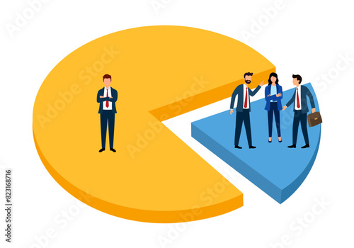 Success businessman standing on pie chart win over competitors. Business winning market share, earn high percentage of product sale vector illustration.