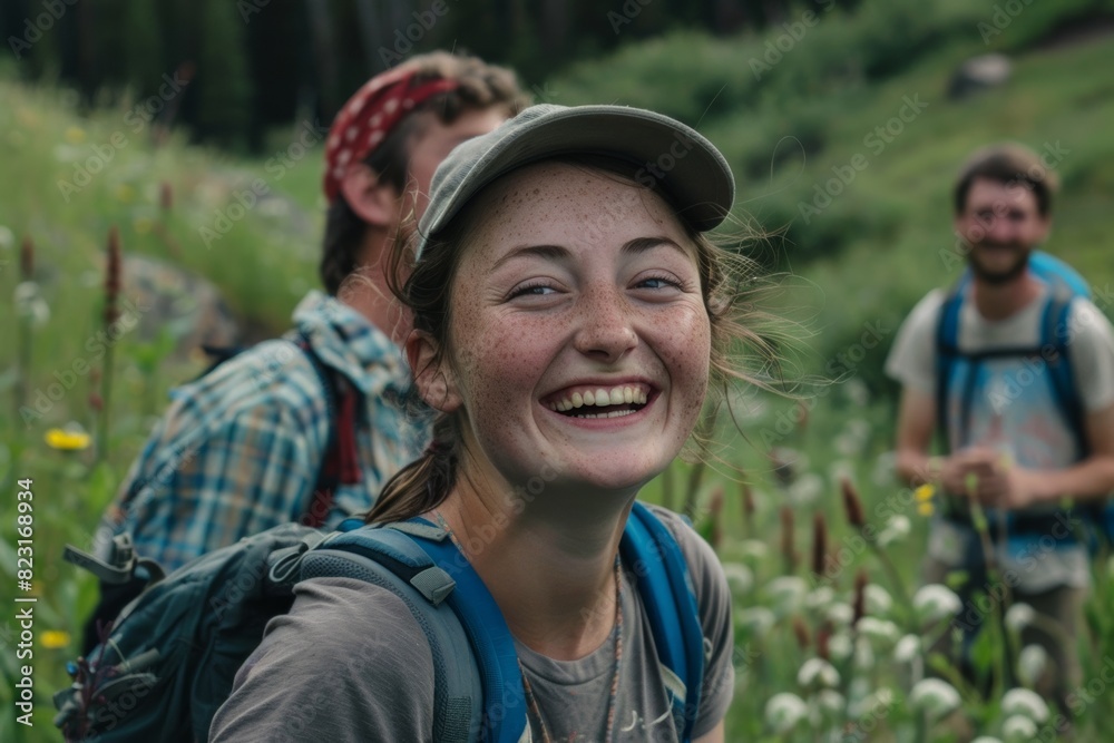 People hiking in mountains, enjoying active rest and breathtaking views People hiking in mountains, enjoying active rest and breathtaking views