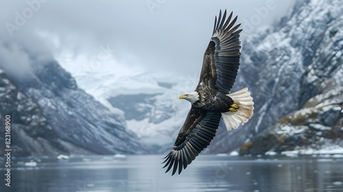 Majestic Bald Eagle Soaring Freely Above a Tranquil Mountain Lake