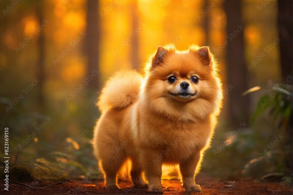 Pomeranian, Professional wild life photography, in forest, sunset bokeh blur background, animals & birds, cinematic, wallpaper