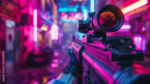 Play 3D renders of online multiplayer shooter games for pros. POV Person Playing, Shooting Enemies, Scoring Kills. Online National Cyber Championships. photo