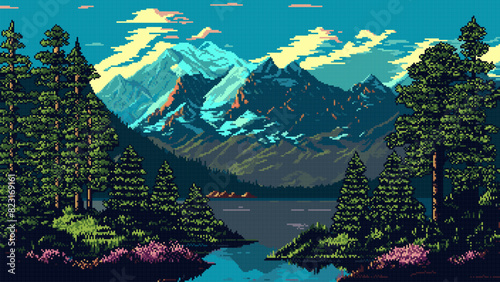 Generative AI. Mountain lake landscape. 8 bit pixel art game scene background, indie pixel game nature panorama backdrop, retro PC arcade scenery with wild nature, mountain lake and forest photo