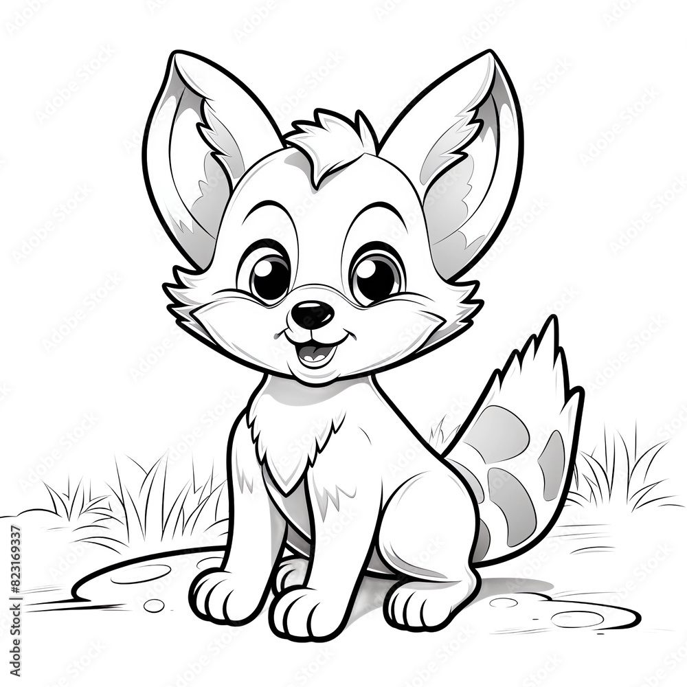 Cute cartoon style line art of an animal coloring page, a cute island fox sitting down on the ground smiling with big eyes