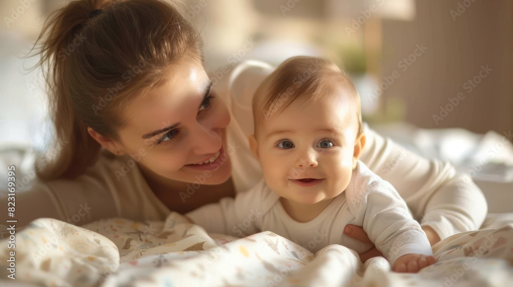Mother playing with and soothing an adorable baby in bed. Beautiful mother and adorable baby snuggling in bed. Tender moments in motherhood. Mother playing with and soothing an adorable baby in bed. Beautiful mother and adorable baby snuggling in bed. Tender moments in motherhood.