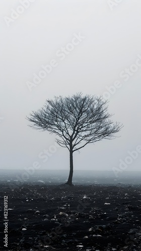 Solitary Tree Silhouette in Barren Misty Landscape Minimalist Nature Photography Concept with Copyspace
