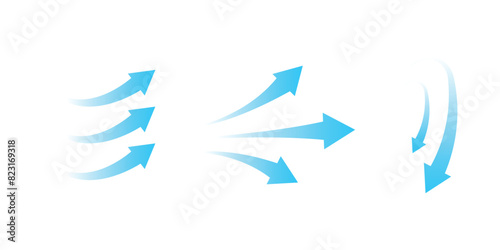 Set of blue arrow showing air or wind flow. Air conditioner direction with white background.
