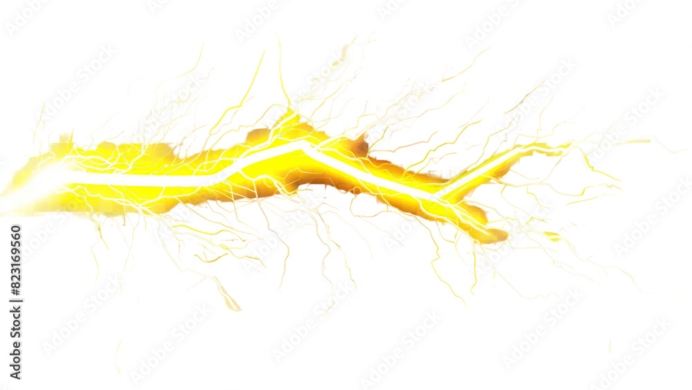 Obraz premium Bright digital art of electrical lightning bolt with dynamic energy sparks on a white background, depicting a powerful surge or discharge of electricity.