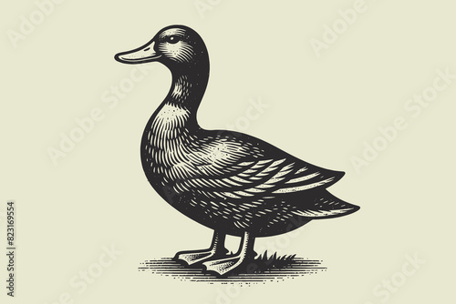 Duck. Vintage engraving vector illustration. Logo, emblem, isolated object