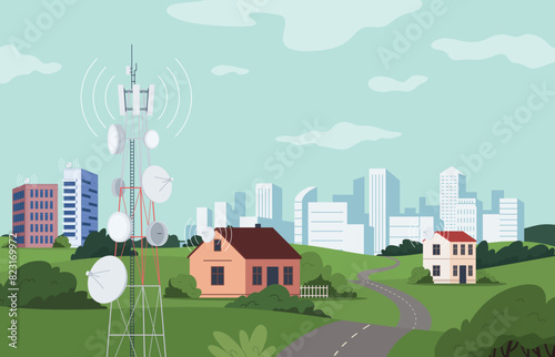 Tower with radio and satellite communication. Landscape with buildings and cities data transfer, mobile and internet connection. Vector illustration © Igor