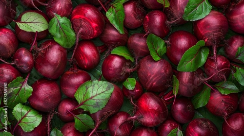A vibrant collection of fresh red beets with green leaves, showcasing organic and healthy vegetables perfect for recipes or culinary projects.
