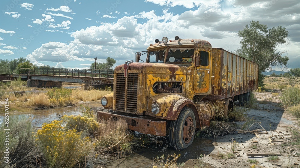 A red semi truck is parked in a field of yellow flowers A red semi truck is parked in a field of yellow flowers