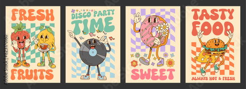 Groovy posters with retro cartoon characters of cute fruits, burger, donut and vintage vinyl record. Strawberry, lemon, cheeseburger, music record and donut vector personages on psychedelic background