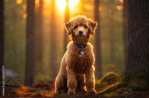Poodle dog sitting, Professional wild life photography, in forest, sunset bokeh blur background, animals & birds, cinematic, wallpaper